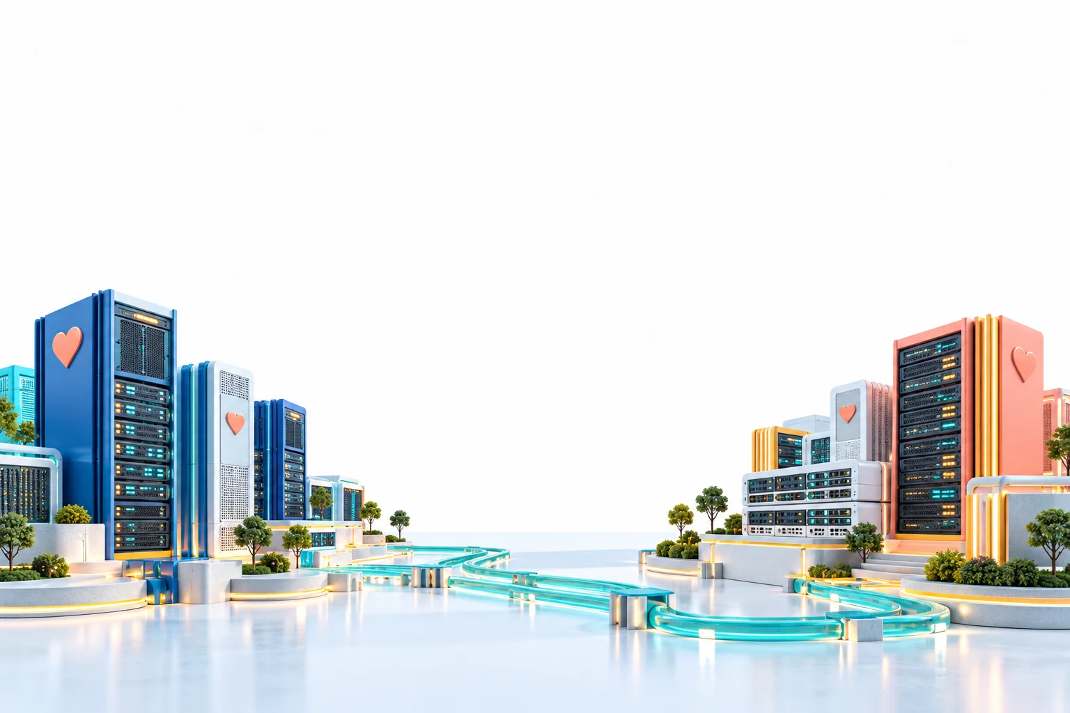 Colorful server towers connected across an illustrated ILoveServer campus