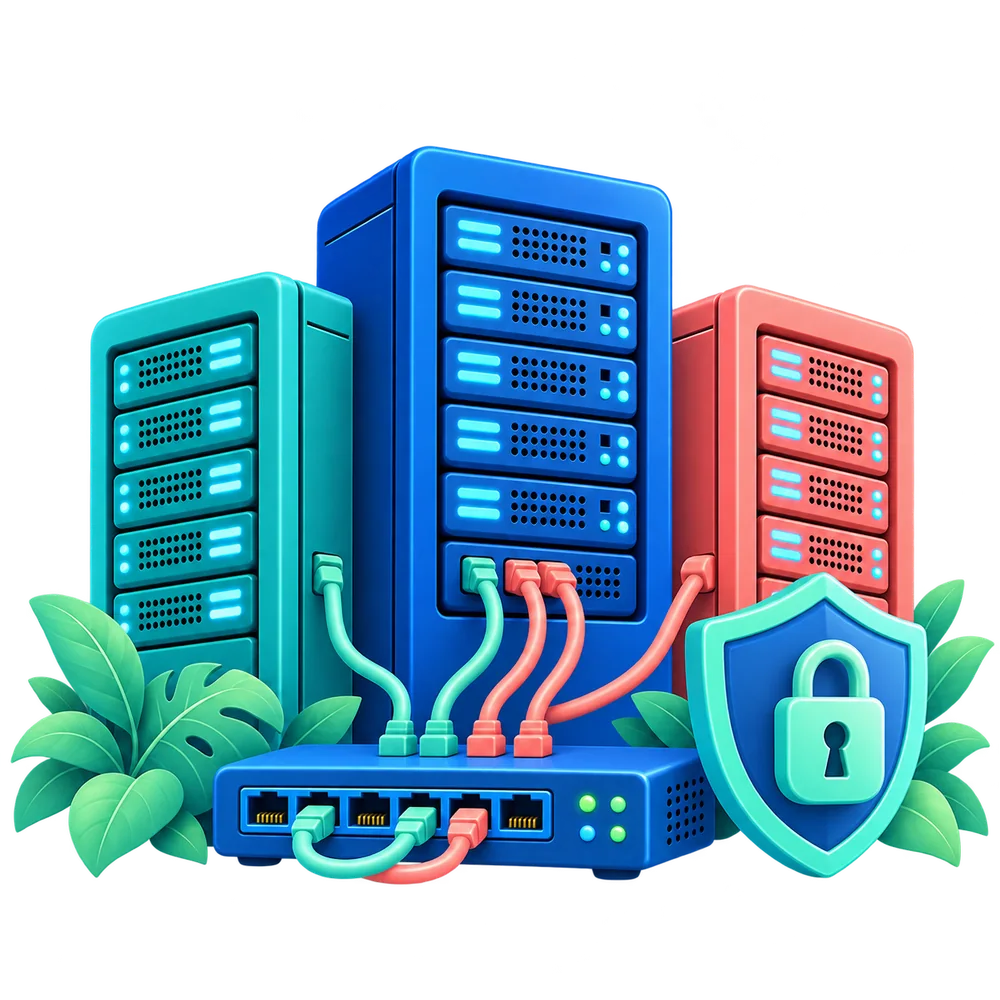 Colorful server racks connected to a network switch