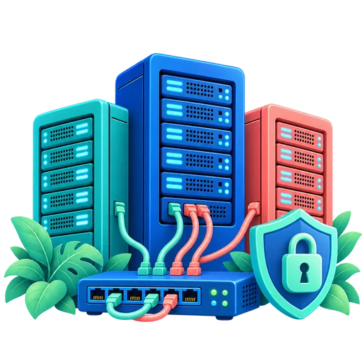 Colorful server racks connected to a network switch