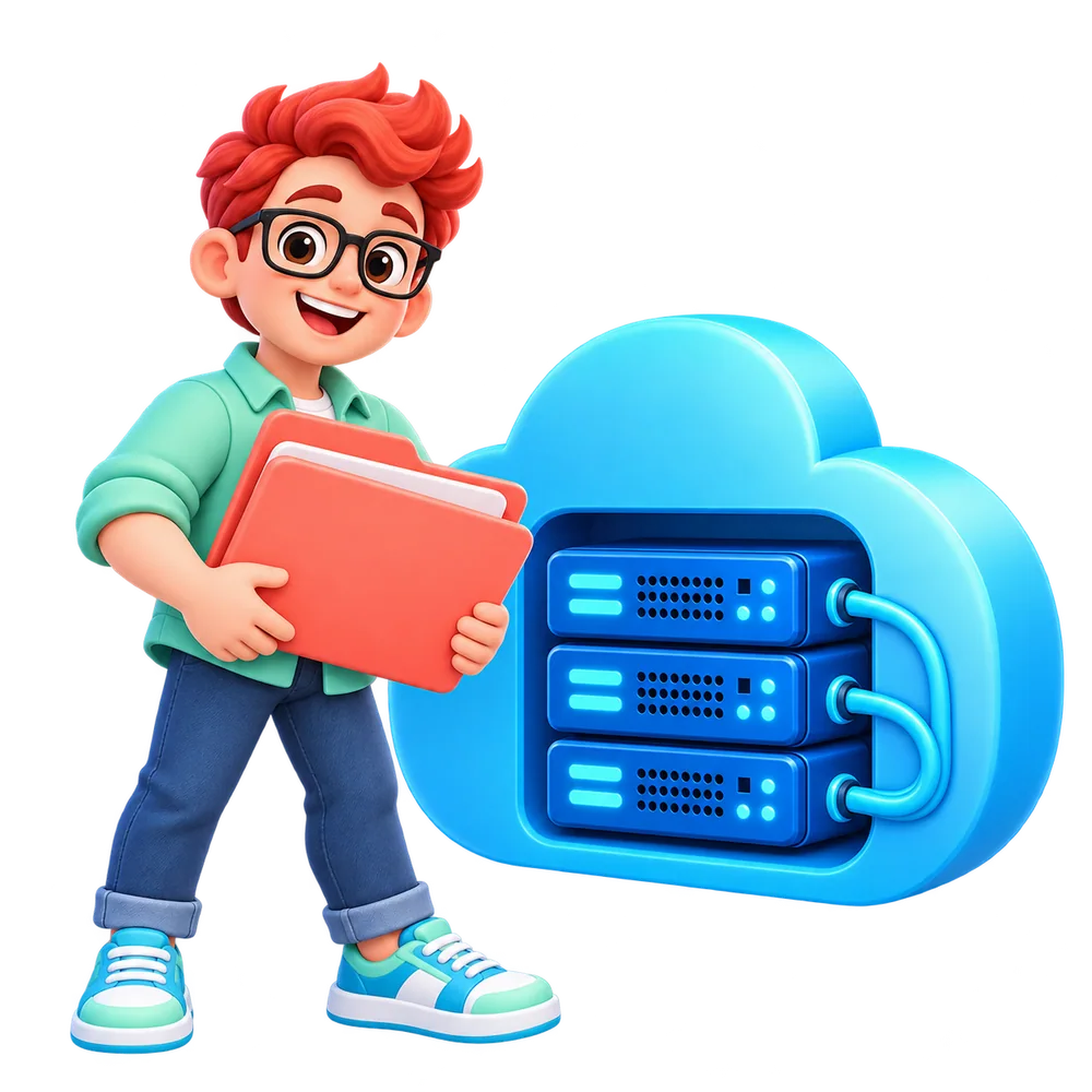 A developer organizing files beside cloud storage